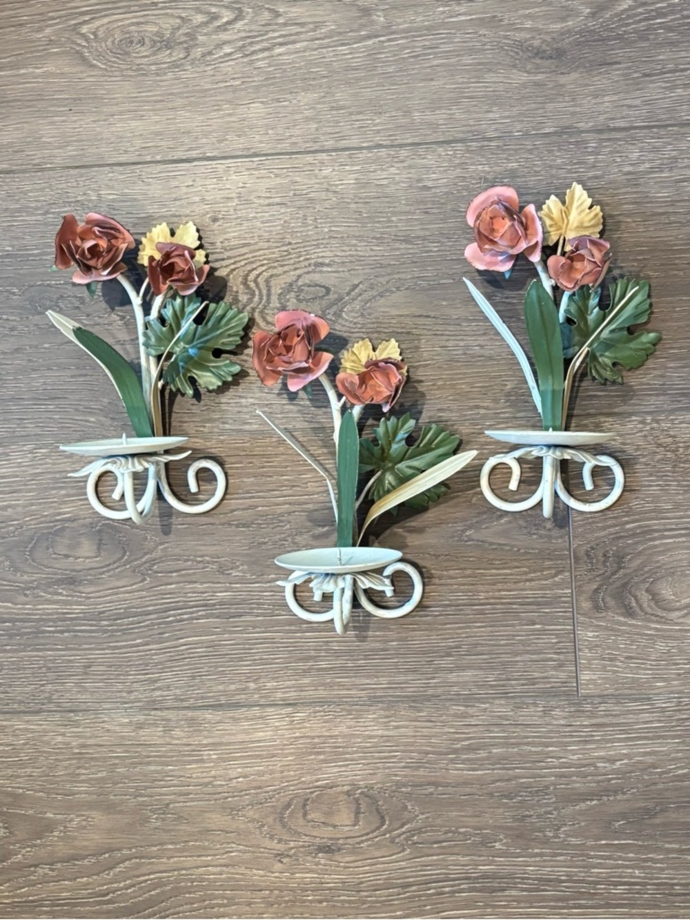 Tole Floral Wall Candle Sconces Set of 3 Vintage Metal Shabby Chic Cottage Boho